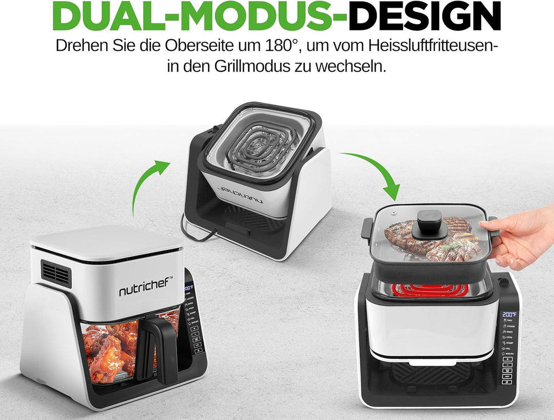 NutriChef 4L Airfryer & Elektrogrill – 7-in-1 Glas Heissluftfritteuse + 1.2L Grill Frittieren, Grill