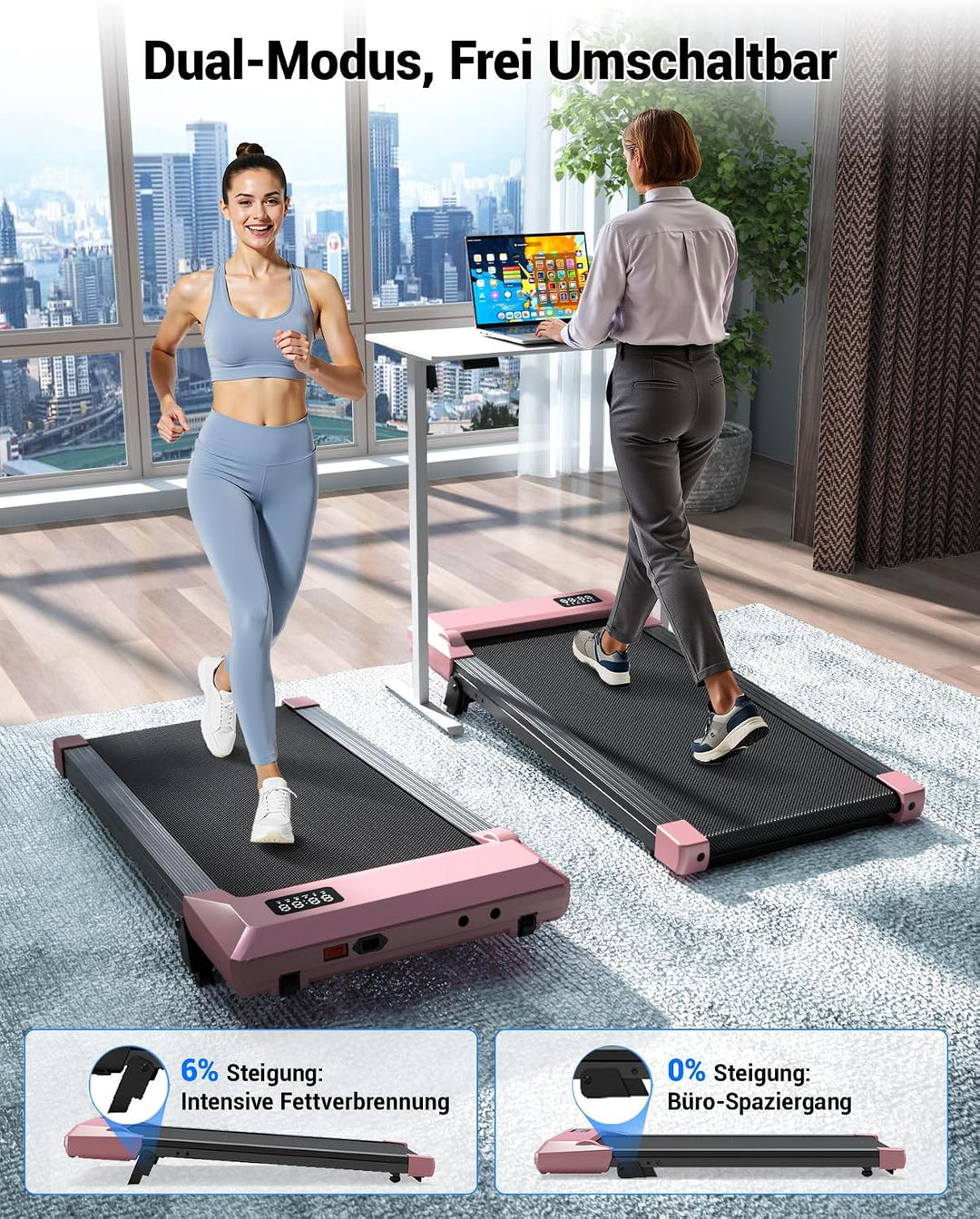 DeerRun Walking Pad mit Steigung 6% Laufband für Zuhause Schreibtisch für Büro, Kleines Leise mit Ap