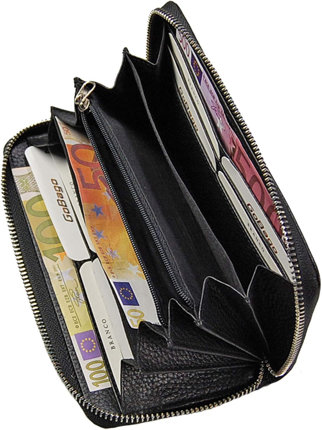 GoBago Damen Geldbörse Leder Portemonnaie Geldbeutel Damenbörse mit RFID Schutz (Schwarz), Schwarz