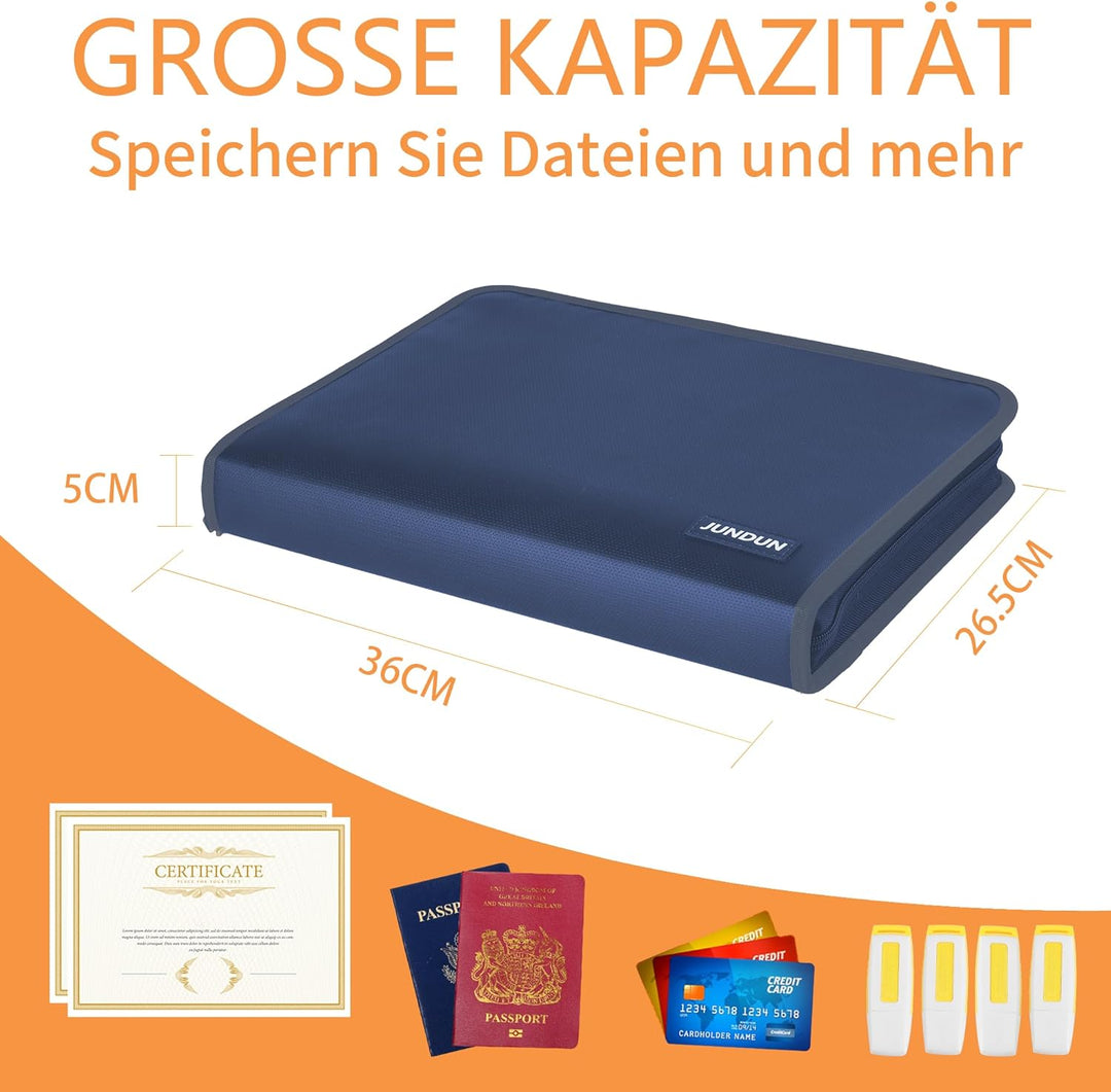 JUNDUN Fächermappe - Dokumentenmappe a4 mit mehreren Fächern - Feuerfest Dokumententasche mit Reissv