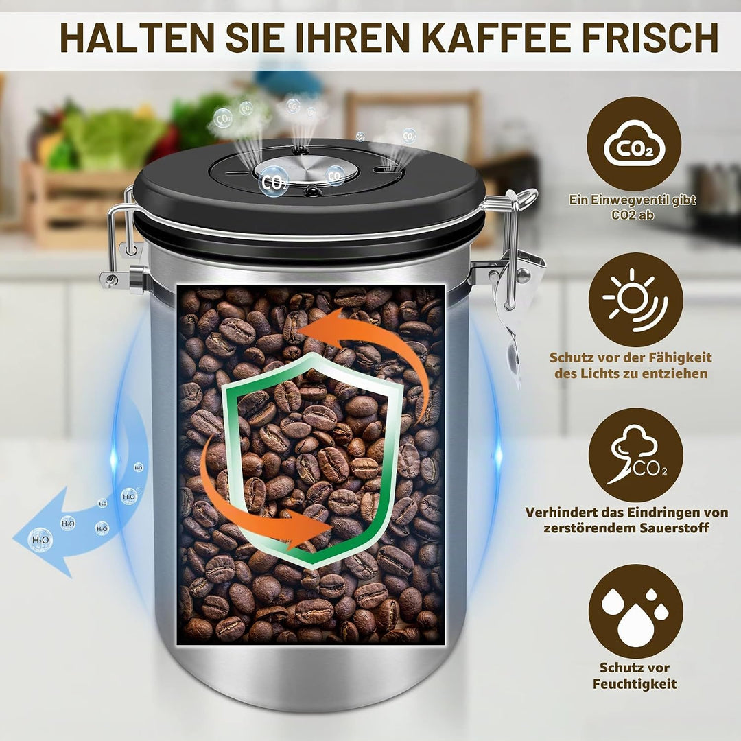 Kaffeedose 500g Bohnen Kaffeedose Luftdicht 1500ml mit Löffel und Kalenderrad, Edelstahl Kaffee Dose