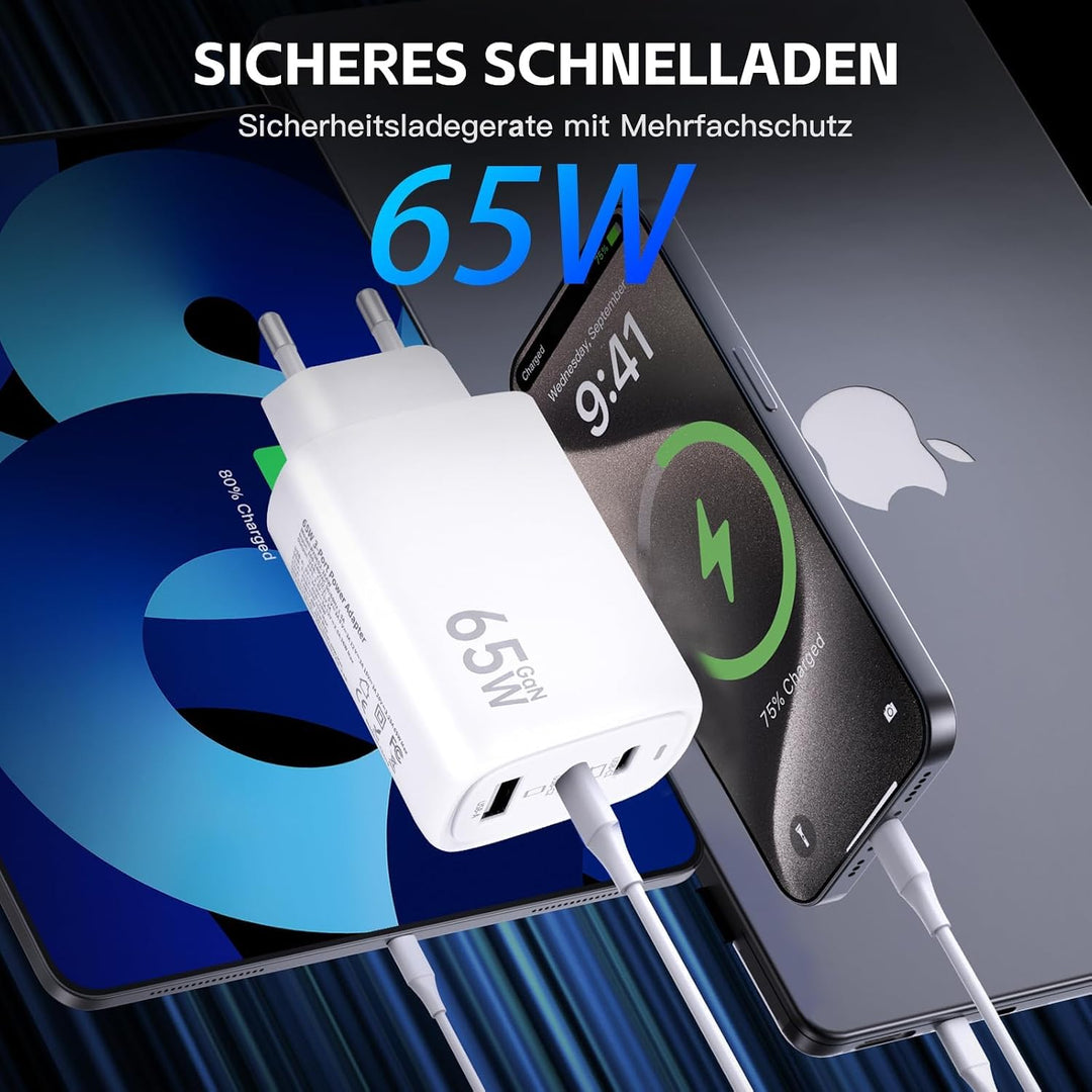 USB C Ladegerät,2Pack 65W 3 Ports Schnellladegerät, USB C Charger Adapter 2 PACK-Weiss, 2 PACK-Weiss