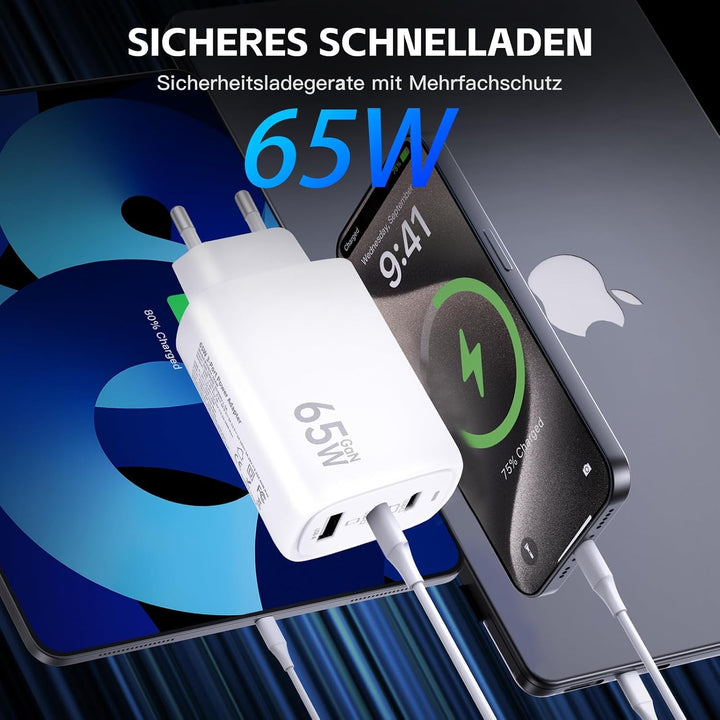 USB C Ladegerät,2Pack 65W 3 Ports Schnellladegerät, USB C Charger Adapter 2 PACK-Weiss, 2 PACK-Weiss