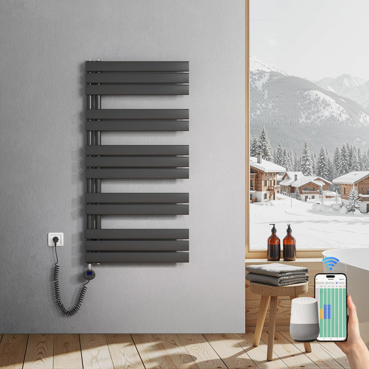 Heilmetz Badheizkörper Elektrisch 1176 x 600mm Anthrazit mit WIFI Smart Heizstab 600W, Flach Handtuc