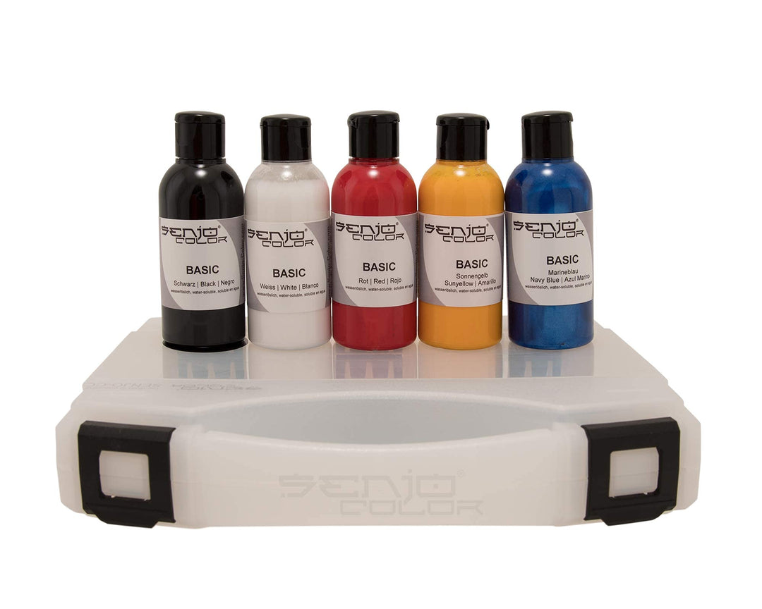 Senjo Color Basic Pinsel & Airbrush Bodypainting Farben Set 5 x 75ml Schwarz, Weiss, Rot, Gelb, Blau