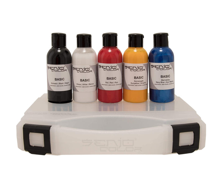 Senjo Color Basic Pinsel & Airbrush Bodypainting Farben Set 5 x 75ml Schwarz, Weiss, Rot, Gelb, Blau