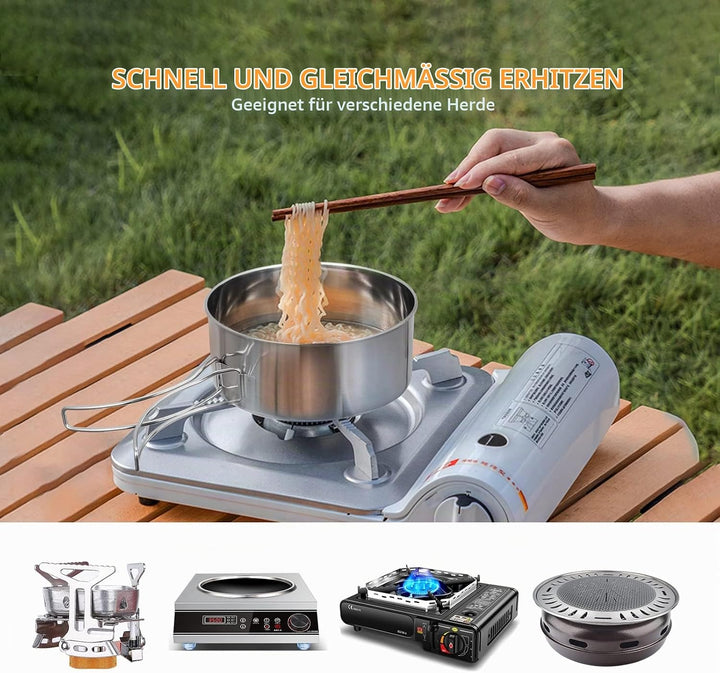 Lixada Camping Kochgeschirr Set 4-teiligtes Edelstahl Camping Topf Kompaktes Faltbare Campinggeschir