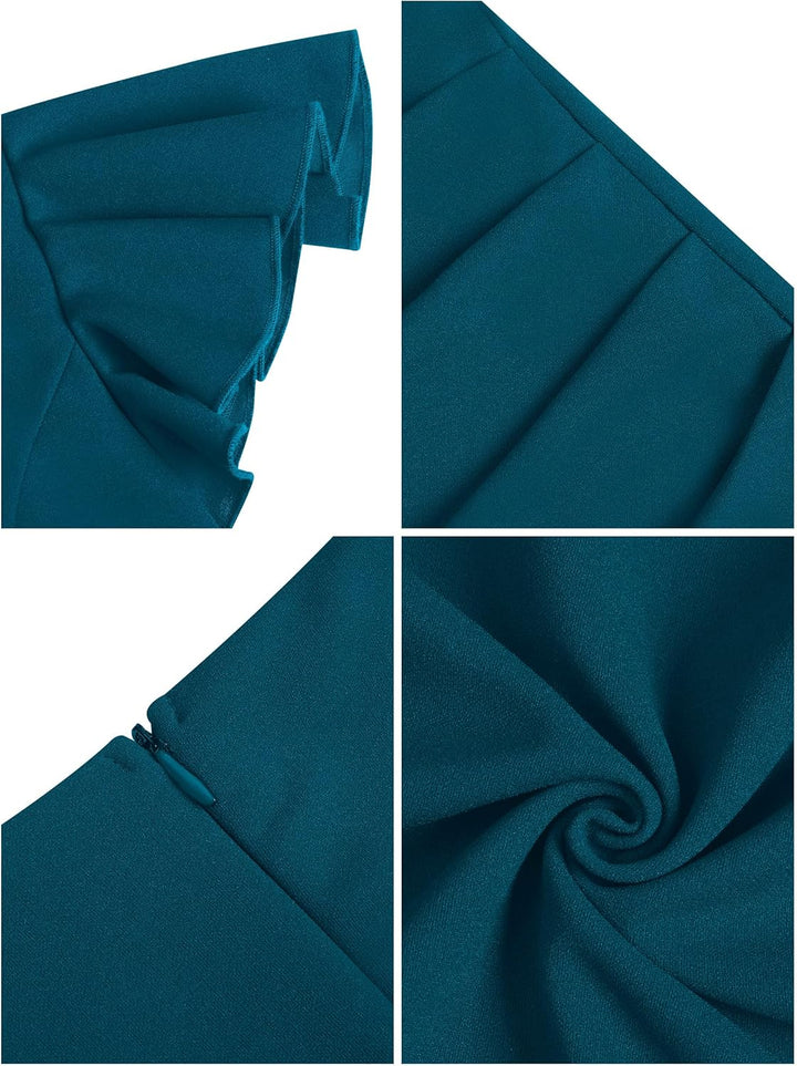 Missufe Damen Cocktailkleid Wickelkleid Partykleid Midikleid Sommerkleid Elegant Bodycon Vintage Rüs