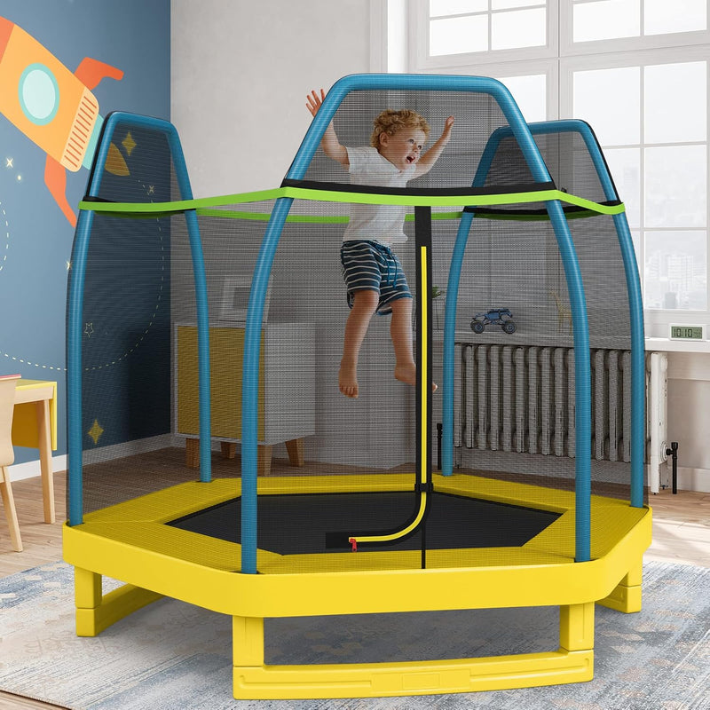 KOMFOTTEU Ø 223 cm Trampolin, sechseckiges Kindertrampolin mit Sicherheitsnetz, Gartentrampolin bis