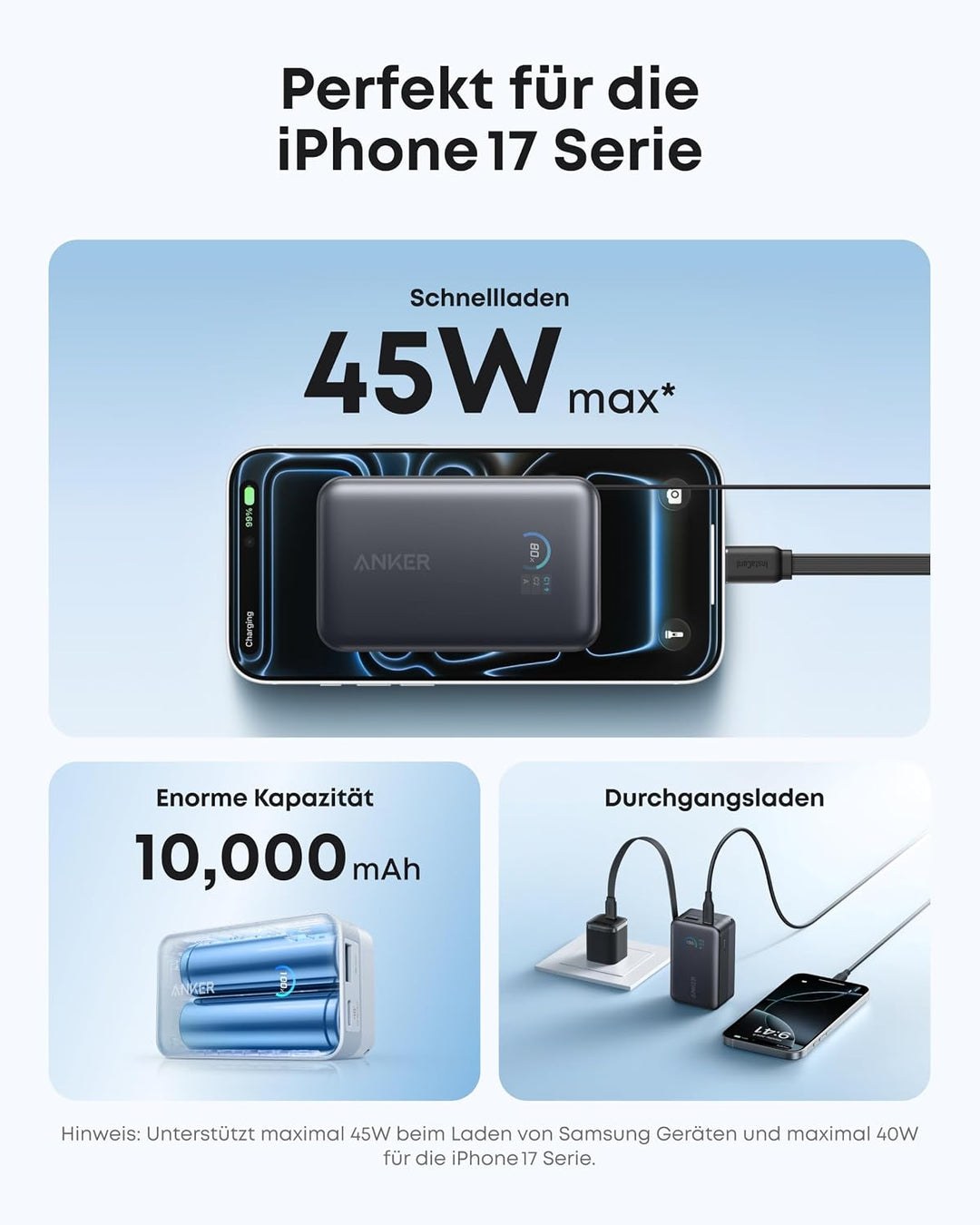 Anker Nano Powerbank,10.000mAh Externer Akku mit 70cm Anker InstaCord Einzugskabel, 45W Max Kompakte