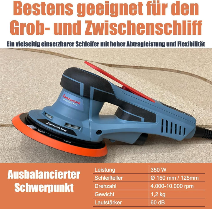 FANZWORK Bürstenloser Exzenterschleifer EZ150A mit Tragkoffer, 5mm Schleifhub,150mm Schleifteller, 3