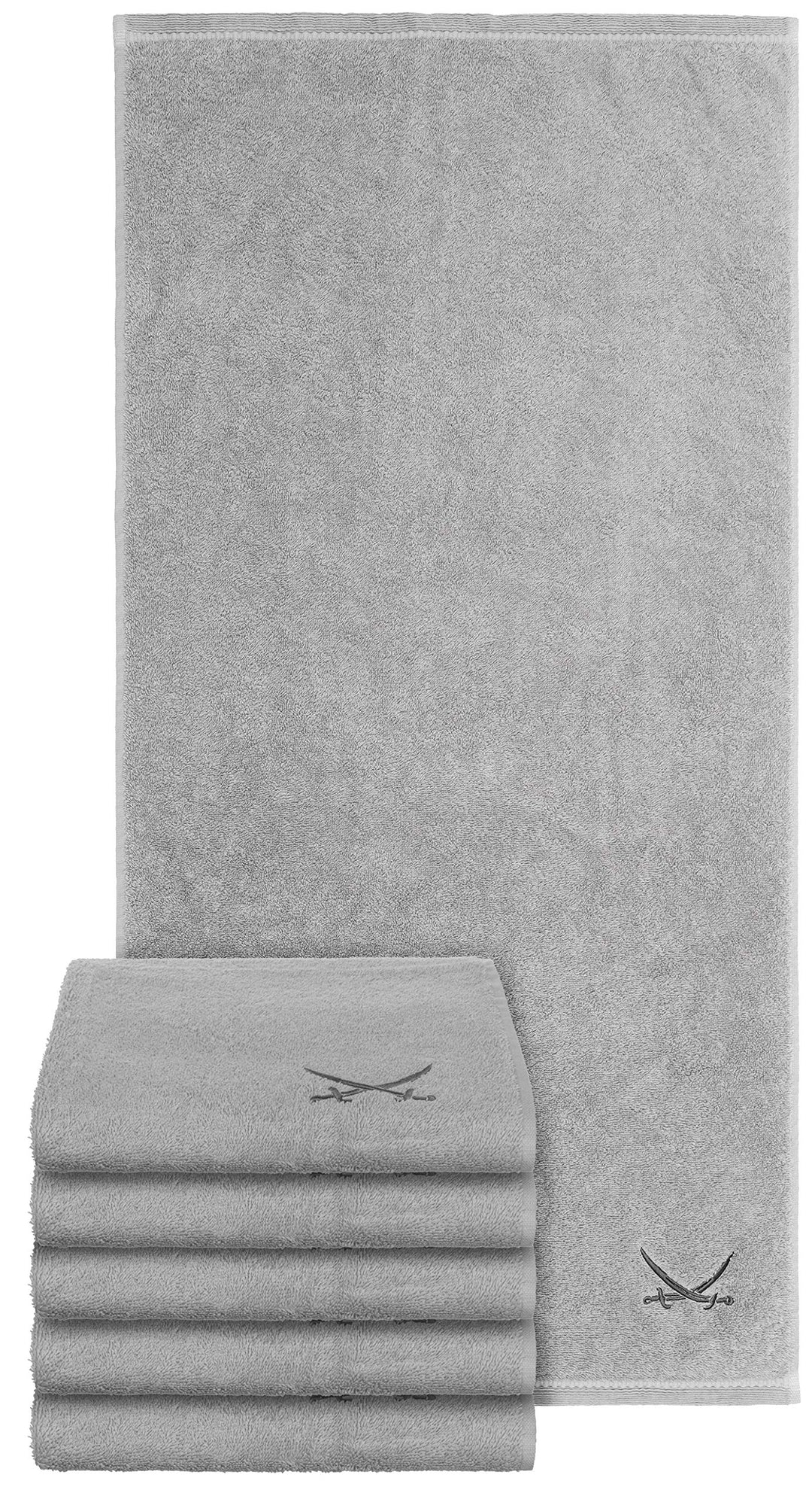Sansibar Handtuch 6er Set mit gesticktem Säbel Logo Badtuch 100% Baumwolle 50x100 cm Silber 6er Set