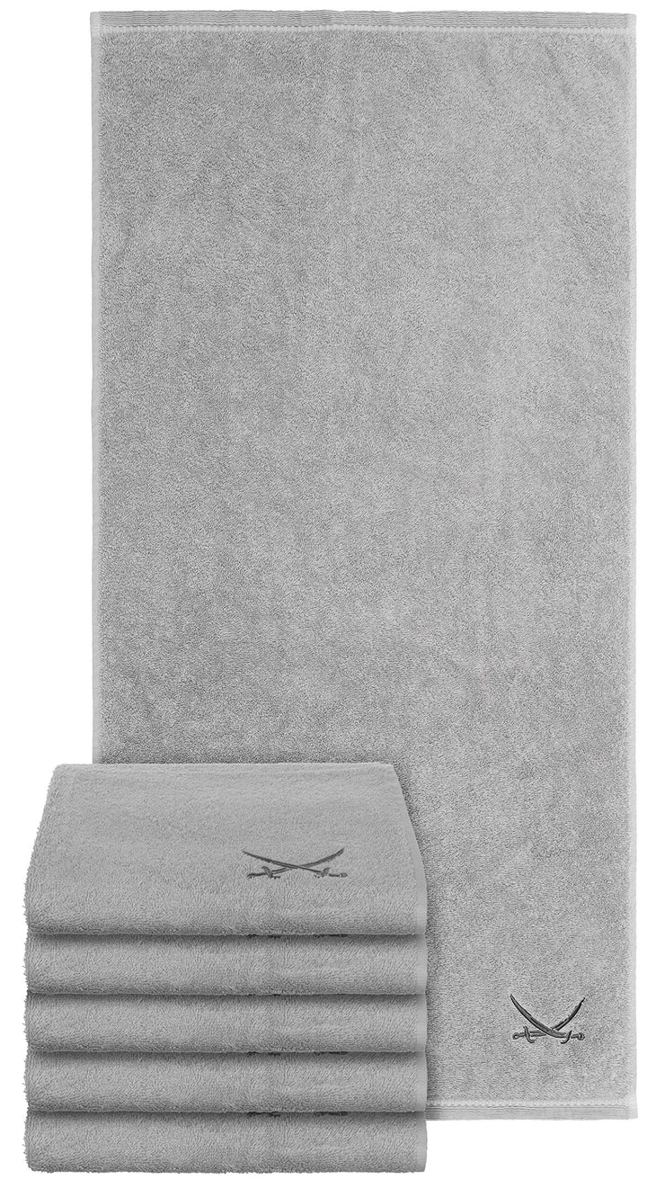 Sansibar Handtuch 6er Set mit gesticktem Säbel Logo Badtuch 100% Baumwolle 50x100 cm Silber 6er Set