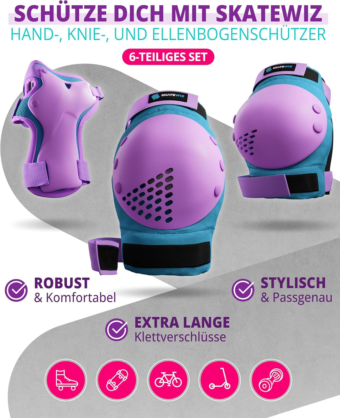 SKATEWIZ Skate Protektoren für Kinder &amp; Erwachsene in 6 Farben - Knieschützer Kinder Set [6pc] SMASH