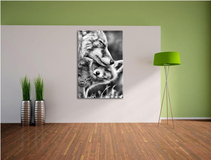 Pixxprint Kuschelnde Füchse / 100x70cm Leinwandbild bespannt auf Holzrahmen/Wandbild Kunstdruck Deko