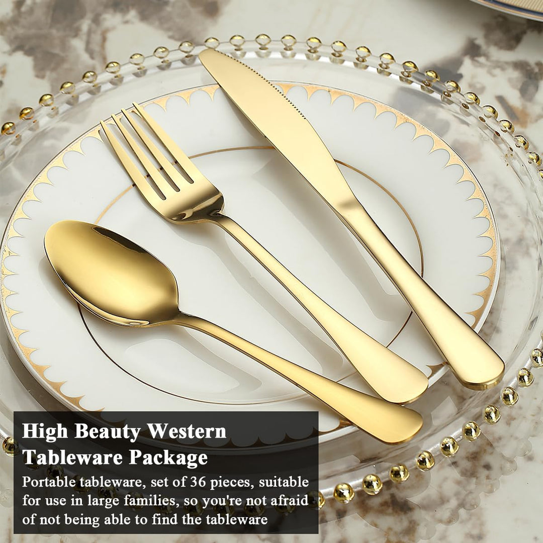 Gold Besteck Set 36 Teile Service für 12, Edelstahl Messer Löffel Gabeln Set für Hochzeit, Partys, A