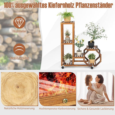 COSTWAY Pflanzenregal Blumenregal, Blumenständer auf Rollen, Garten Blumentreppe Holz, Pflanzentrepp