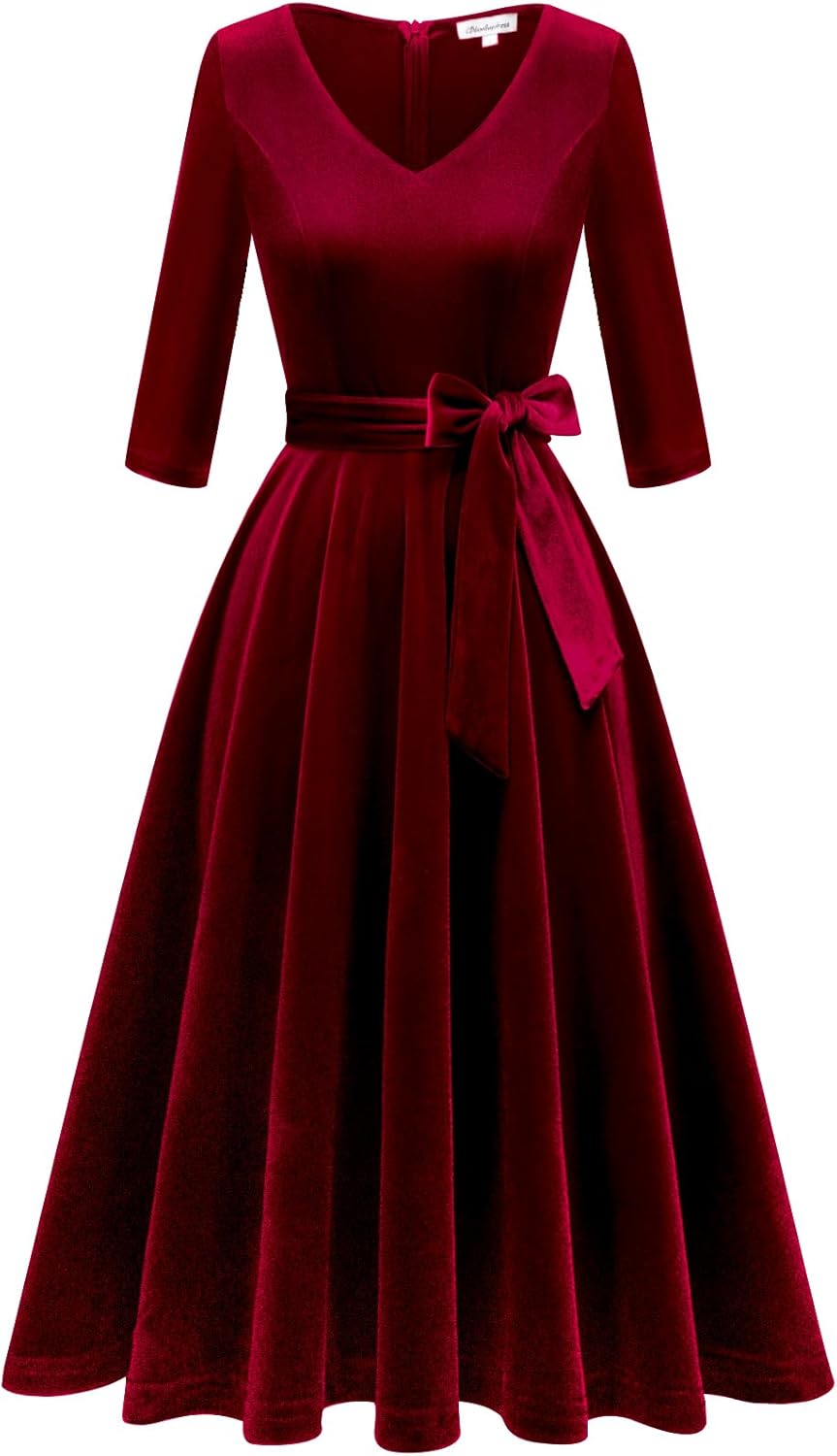 Bbonlinedress Rockabilly Kleider Damen 3/4 arm V-Ausschnitt Midi Langarm Festliche Kleider für Hochz