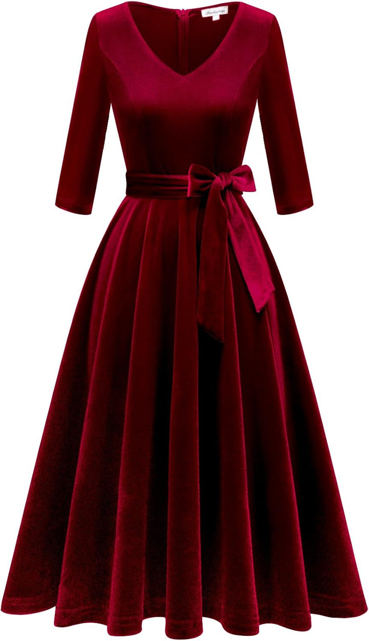 Bbonlinedress Rockabilly Kleider Damen 3/4 arm V-Ausschnitt Midi Langarm Festliche Kleider für Hochz