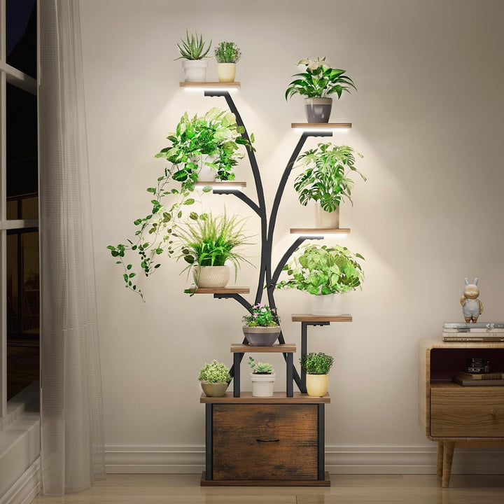 KELHOMECL Pflanzenständer mit Wachstumslicht - 9 Ebenen Blumenständer Metall Holz mit Schublade, 165