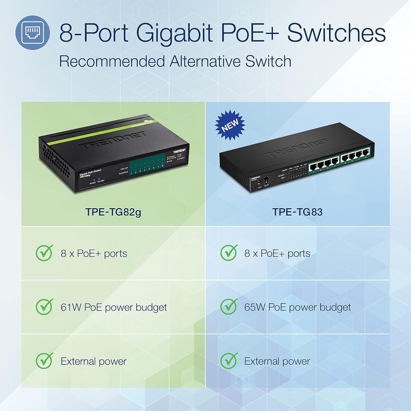 TRENDnet TPE-TG82G 8-Port GREENnet Gigabit PoE+ Switch, 61W PoE Leistung, 16 Gbit/s Schaltkapazität,