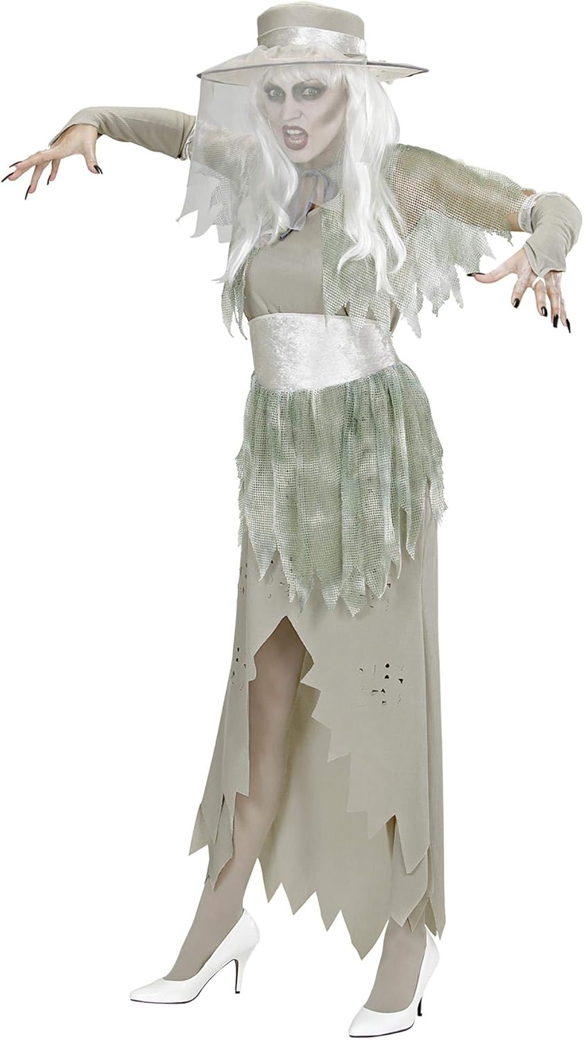 Widmann 98981 - Erwachsenenkostüm Geister Lady, Kleid mit Hut, Umhang, Gürtel und Handschuhe, S
