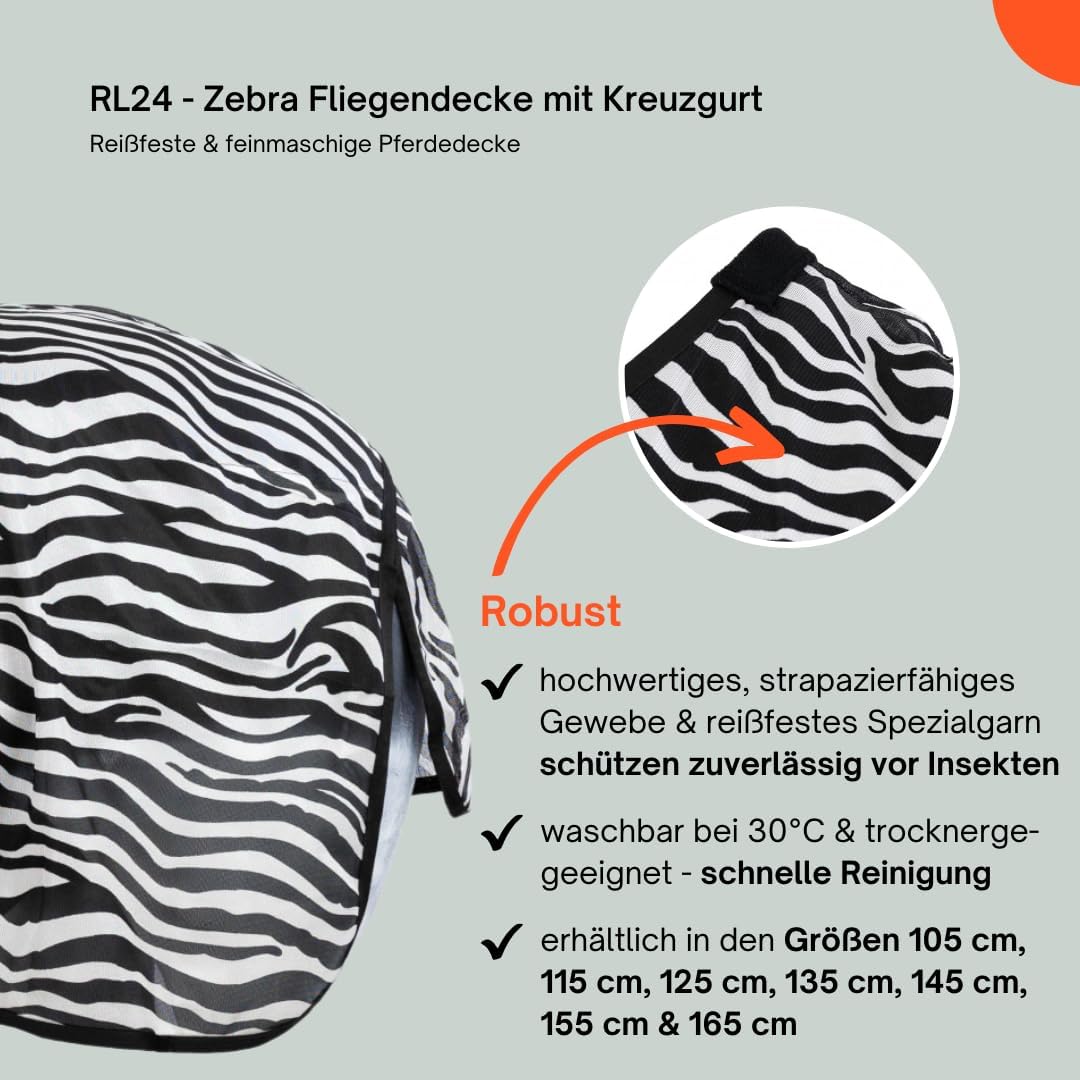 RL24 - Zebra Fliegendecke mit Kreuzgurt – reissfeste & feinmaschige Pferdedecke – Weidedecke zum Sch