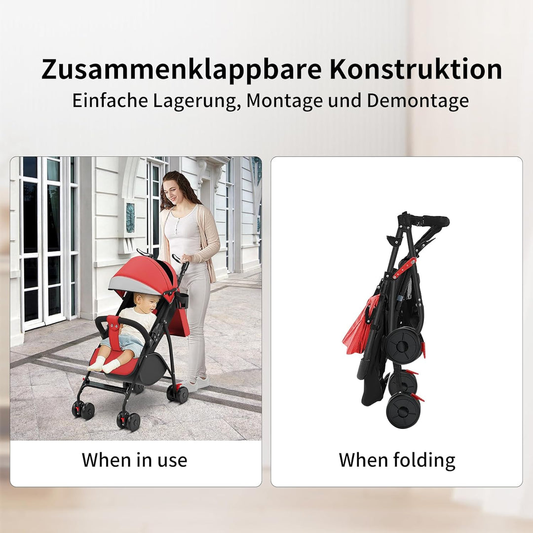 Homewell Kinderwagen, Liegebuggy mit grosses Verdeck, Sportwagen, Zusammenklappen, Verstellbarer Gri