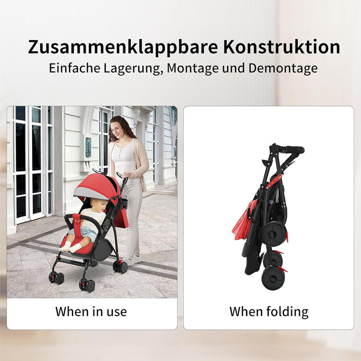 Homewell Kinderwagen, Liegebuggy mit grosses Verdeck, Sportwagen, Zusammenklappen, Verstellbarer Gri