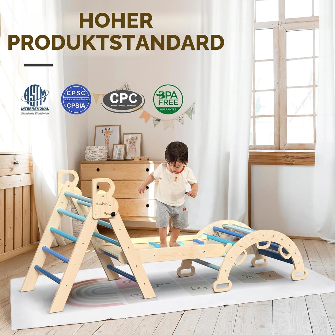 BlueWood 7-in-1 Montessori Kletterdreieck mit Kletterbogen und Rutsche, Holzdreieck für Kleinkinder,