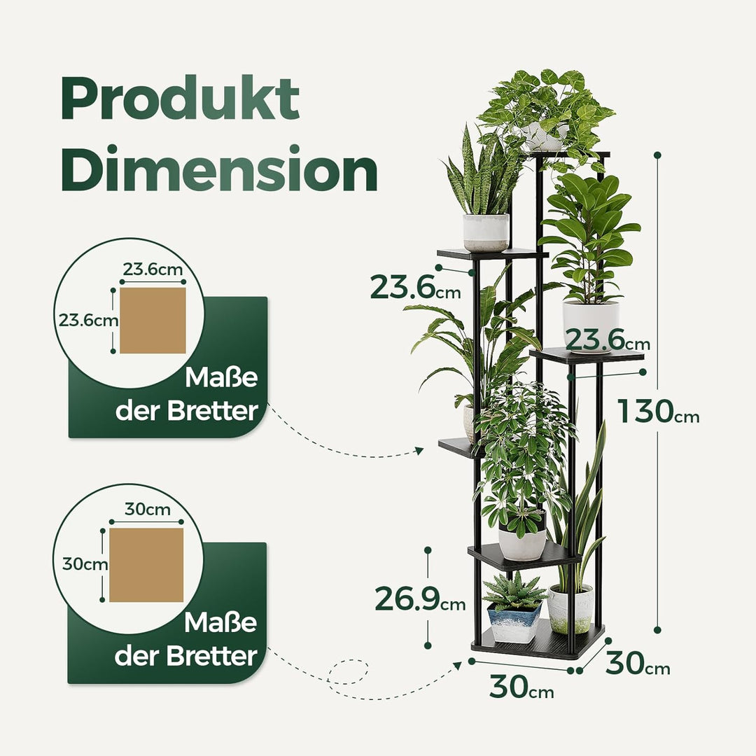 Bamworld Blumenständer Schwarz Hoch – Pflanzenständer aus Metall mit 6 Ebenen – Platzsparendes Pflan