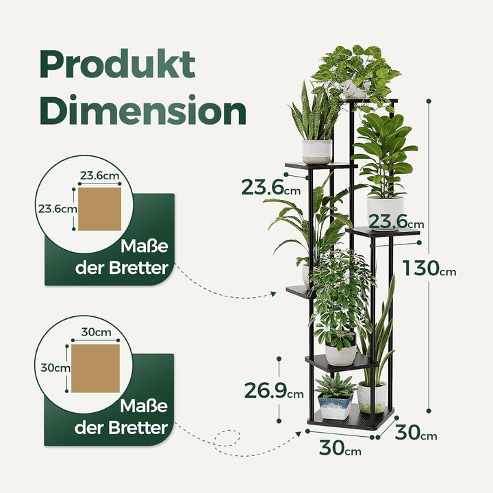 Bamworld Blumenständer Schwarz Hoch – Pflanzenständer aus Metall mit 6 Ebenen – Platzsparendes Pflan