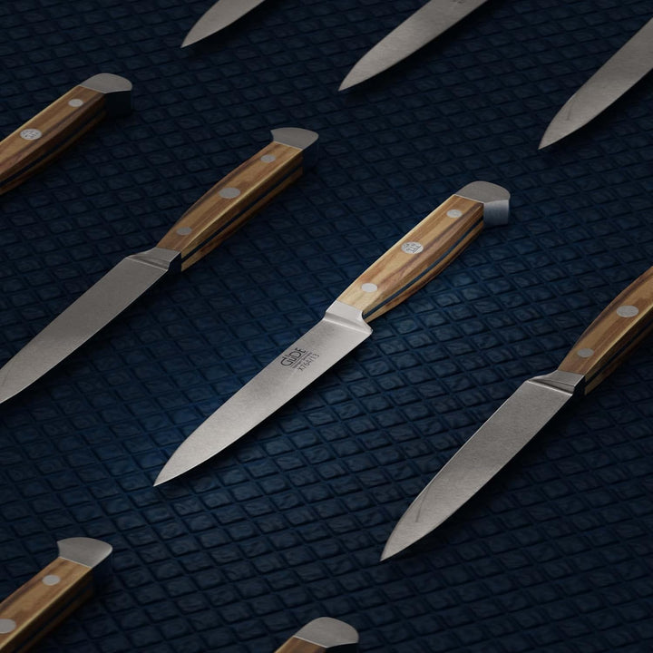 GÜDE Solingen - Spickmesser geschmiedet, 13 cm, Olivenholz, ALPHA OLIVE, Office Messer, Doppelkropf,