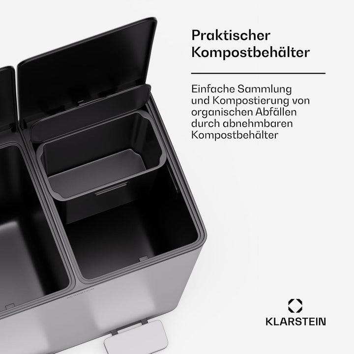 Klarstein EcoVista Mülleimer - 2 Fächer, 40L Küchen-Abfalleimer mit 3L Kompostbehälter, Soft-Close,