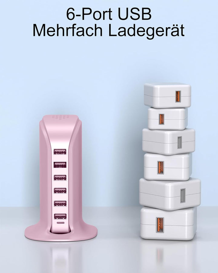 USB Ladegerät 6 Port 50W Multi USB Tower Ladestation Mehrere Geräte für iPhone 15/14/14 Pro/14 Pro M
