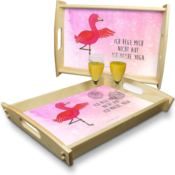 Mr. & Mrs. Panda Tablett Flamingo Yoga - Geschenk, Bett-Tablett, Holztablett, für getränke, Baum, Na