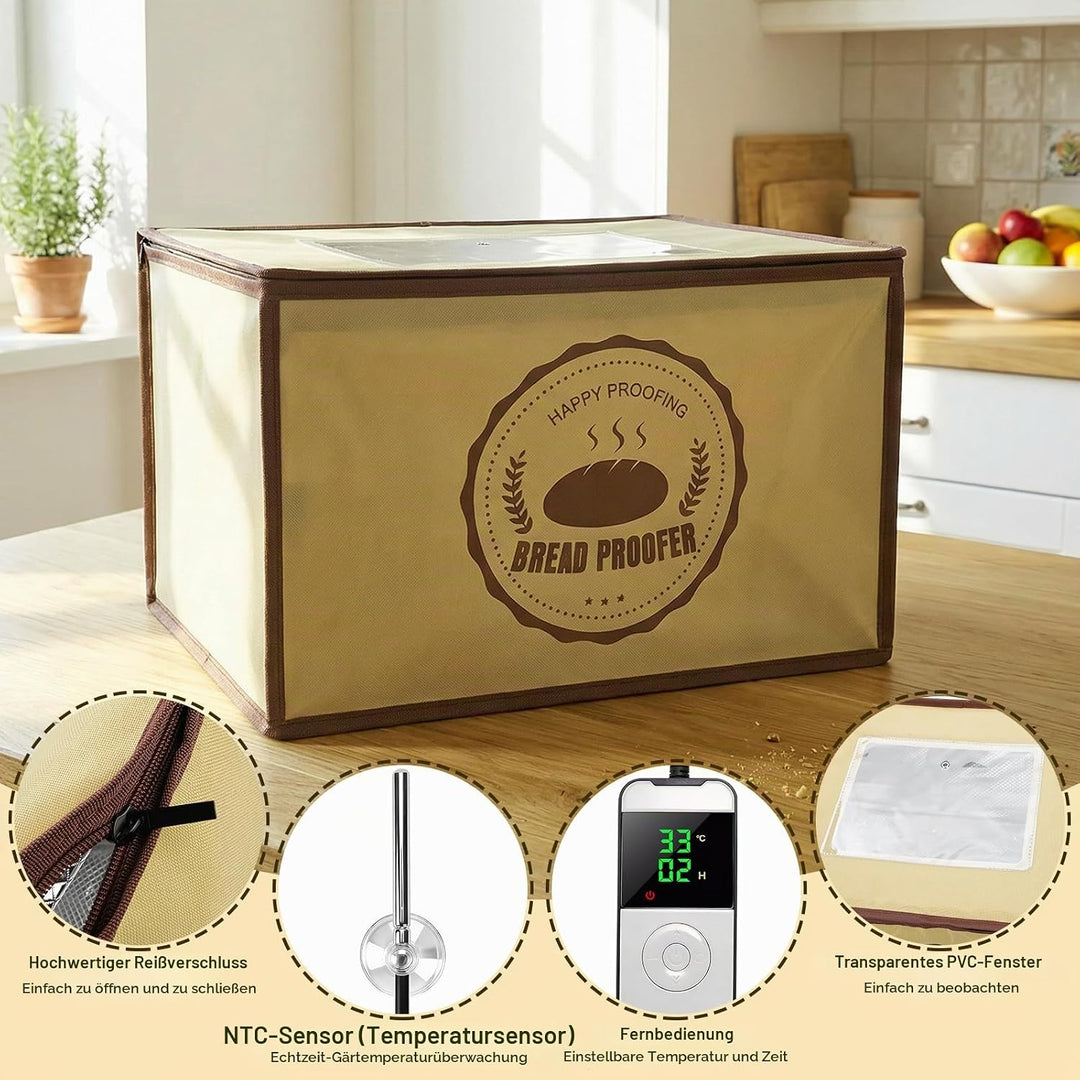 Gärbox Sauerteig mit Heizung, Faltbarer Elektrischer Brot Gärschrank mit NTC Temperatursensor 10-45°