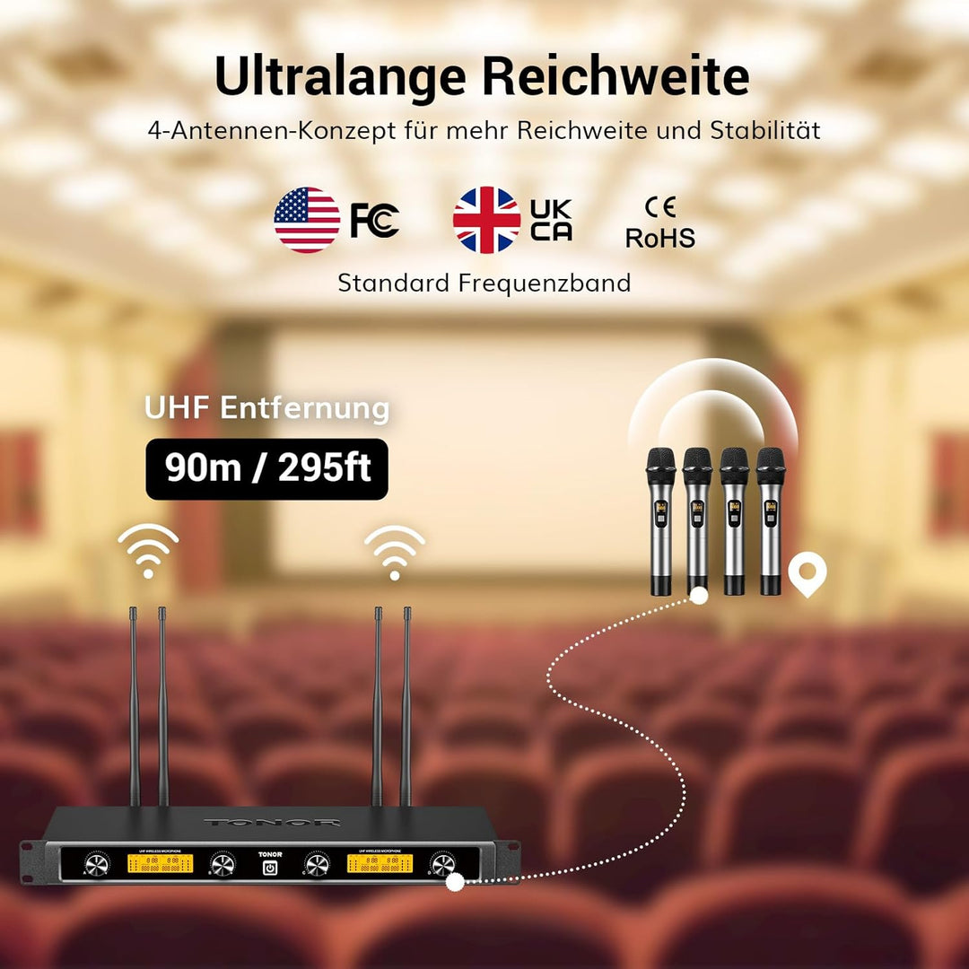 Mikrofon Kabellos Set mit 4x5 Kanälen Metall Funkmikrofon Handmikrofon drahtlos, TONOR 4 Antennen fü