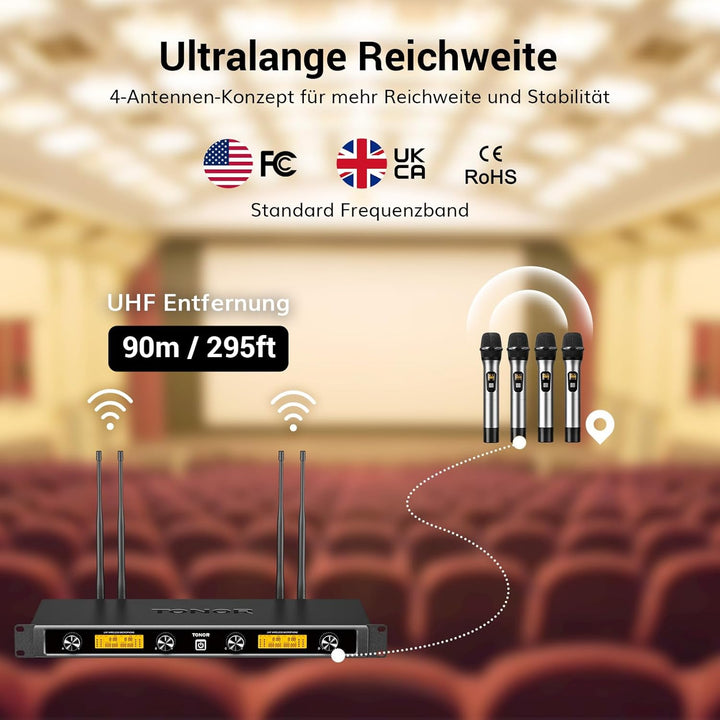Mikrofon Kabellos Set mit 4x5 Kanälen Metall Funkmikrofon Handmikrofon drahtlos, TONOR 4 Antennen fü