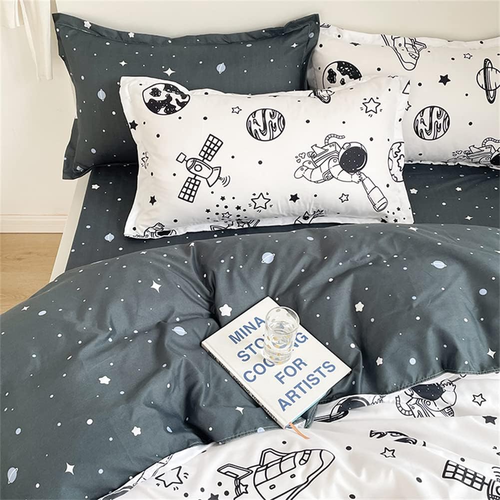 Koudi Bettwäsche Kinder 100x135 Weltraum Kinderbettwäsche Jungen Weiss Schwarz Rakete Sterne Planete