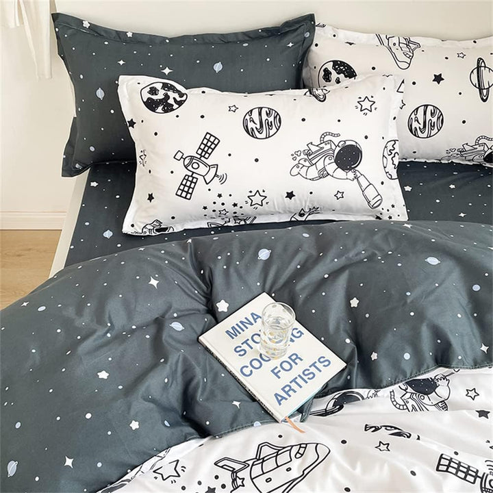 Koudi Bettwäsche Kinder 100x135 Weltraum Kinderbettwäsche Jungen Weiss Schwarz Rakete Sterne Planete