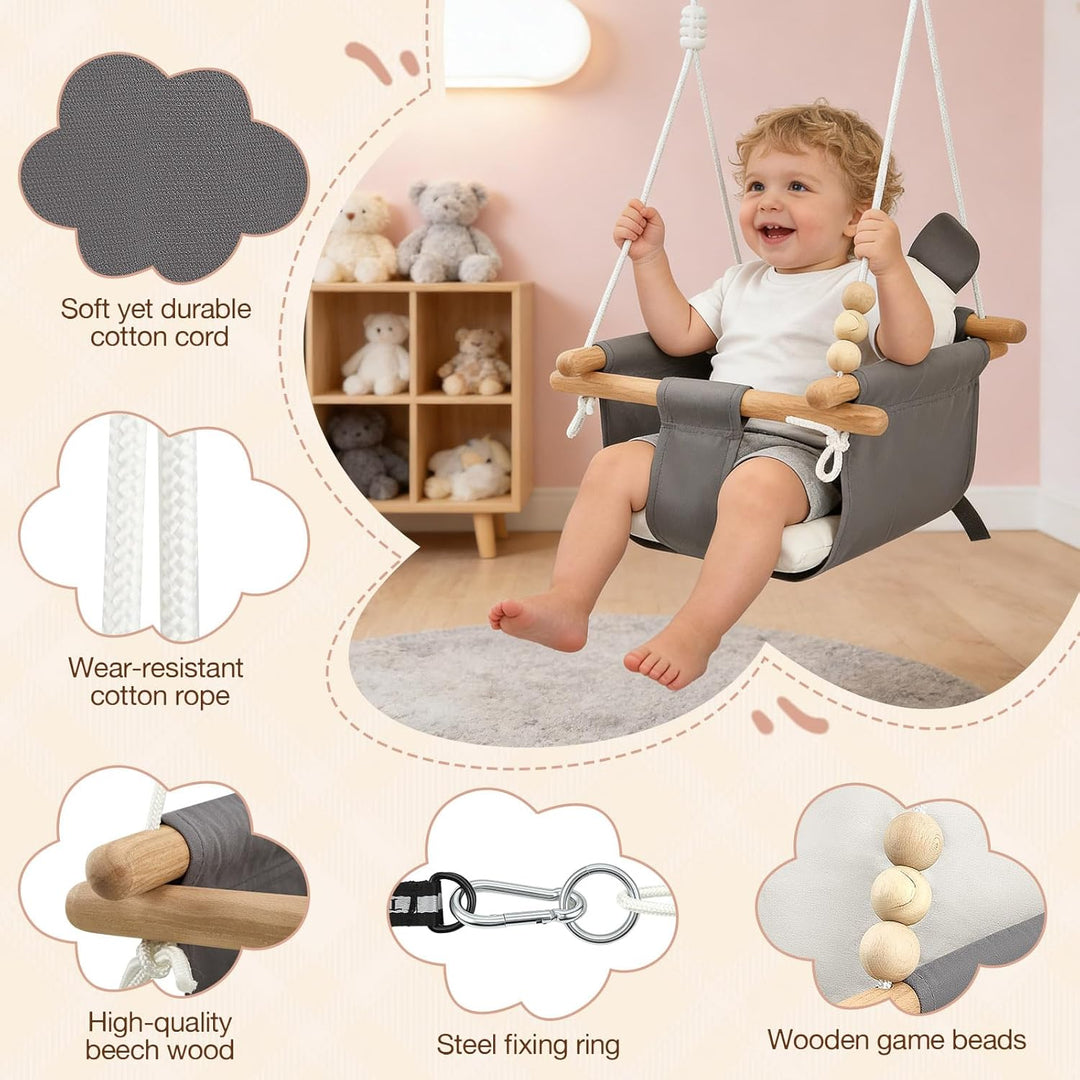 Babyschaukel aus Holz Kinder Schaukel Indoor mit Sicherheitsgurt Sicherheitsschnalle und Kissen, Kin