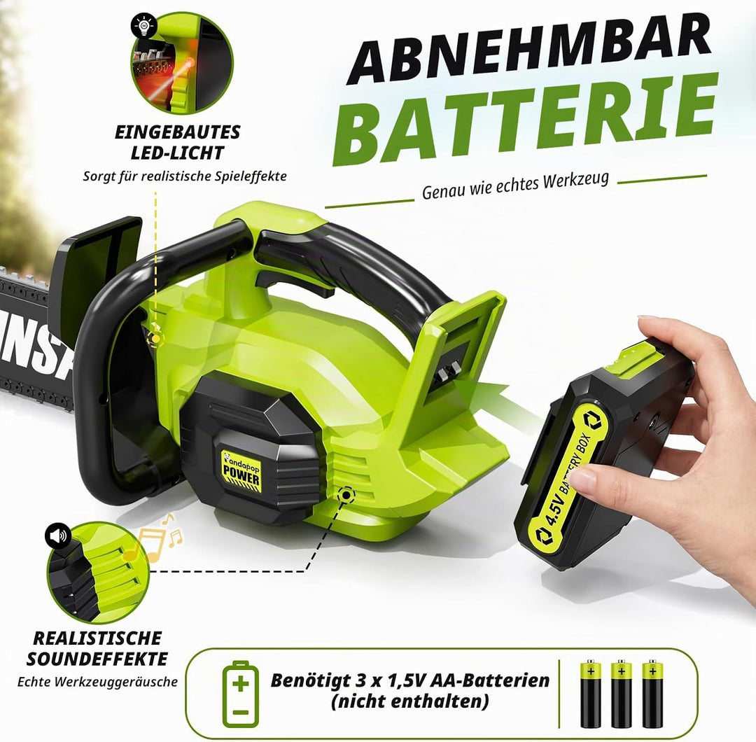 Pandapop 2 in 1 Kettensäge Kinder mit 2 Grössen, Kinder Gartengeräte mit Licht &amp; Sound inkl Schutzbr