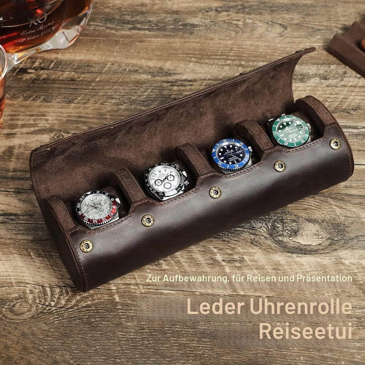 Hiram Uhren-Reiseetui für 4 Uhren, echtes Leder, Aufbewahrungsbox, Schiebekissen-Design, tragbarer U