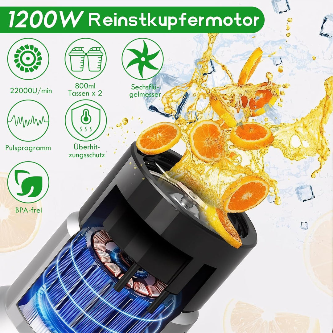 Tragbarer Mixer Smoothie Maker, 1200W Mini Smoothie Maker & Standmixer, 2 x 800ml Tragbare Mixbecher