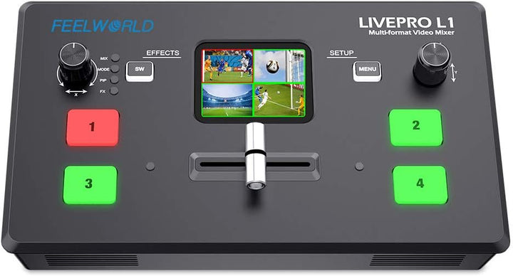 Feelworld LIVEPRO L1 V1 Multiformat-Videomischer-Umschalter 4 x HDMI-Eingänge 2 Zoll LCD Display USB