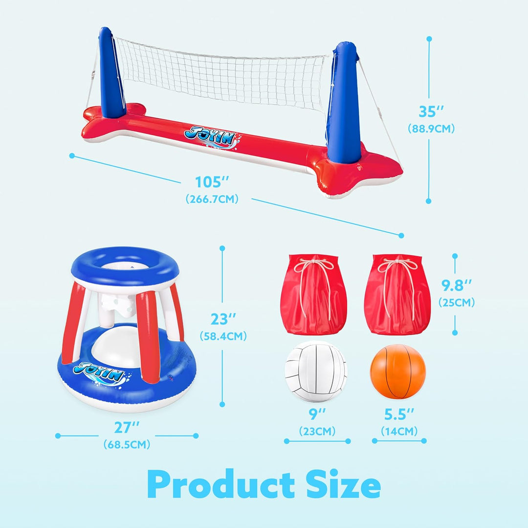 JOYIN Aufblasbare Pool Float Set, Volleyballnetz & Basketballkörbe & Bälle für Kinder und Erwachsene