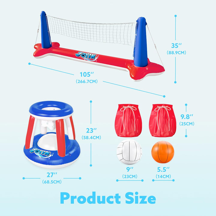 JOYIN Aufblasbare Pool Float Set, Volleyballnetz & Basketballkörbe & Bälle für Kinder und Erwachsene