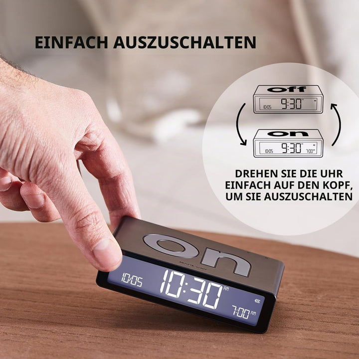 Lexon Flip Classic Morgenwecker, beleuchtet, wendbar mit Seiten on Off und Snooze-Funktion, mit LCD-