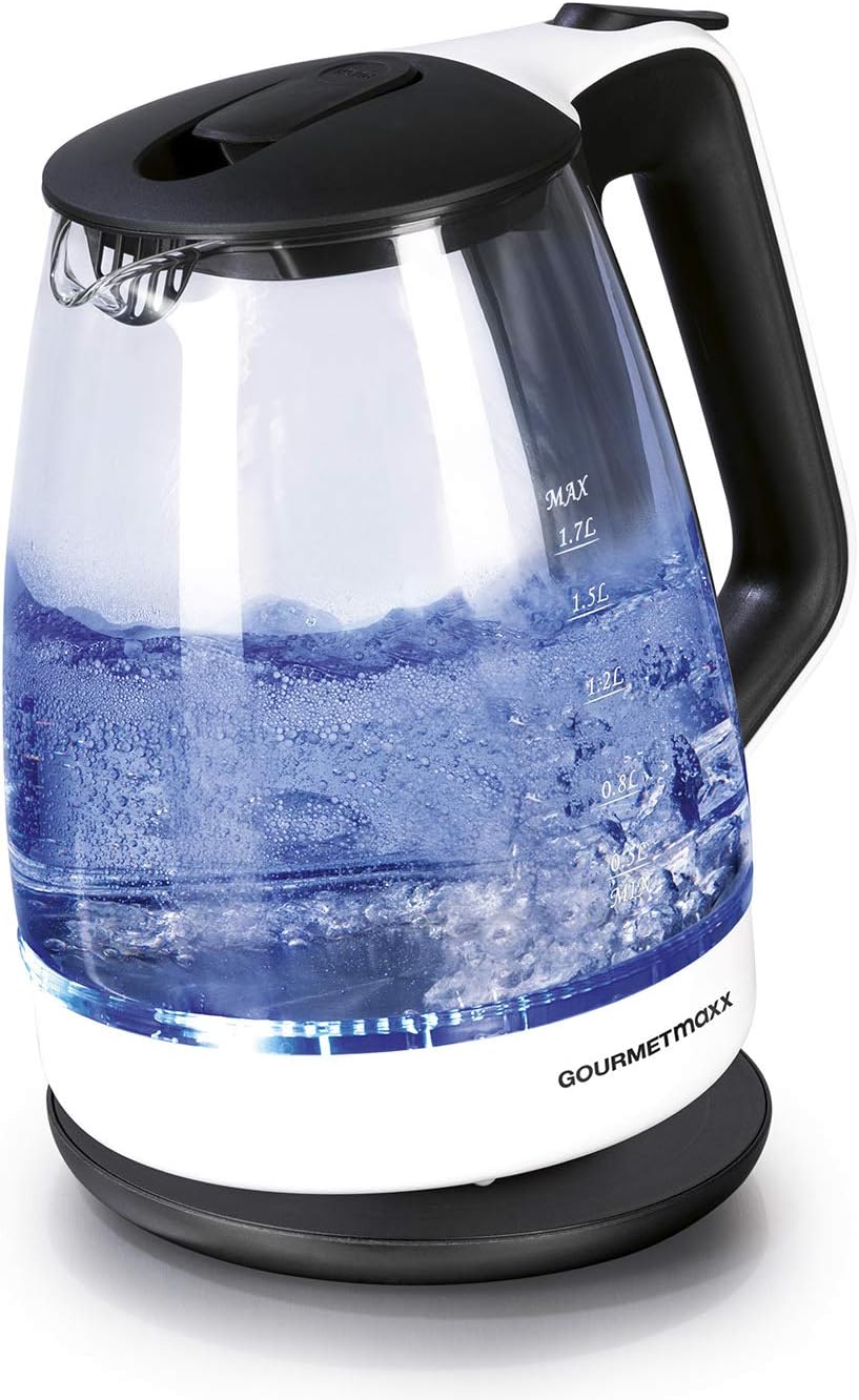 GOURMETmaxx Wasserkocher Glas 1,7 l Füllmenge | LED Beleuchtung | Edelstahl-Chrom-Optik | Elektrisch